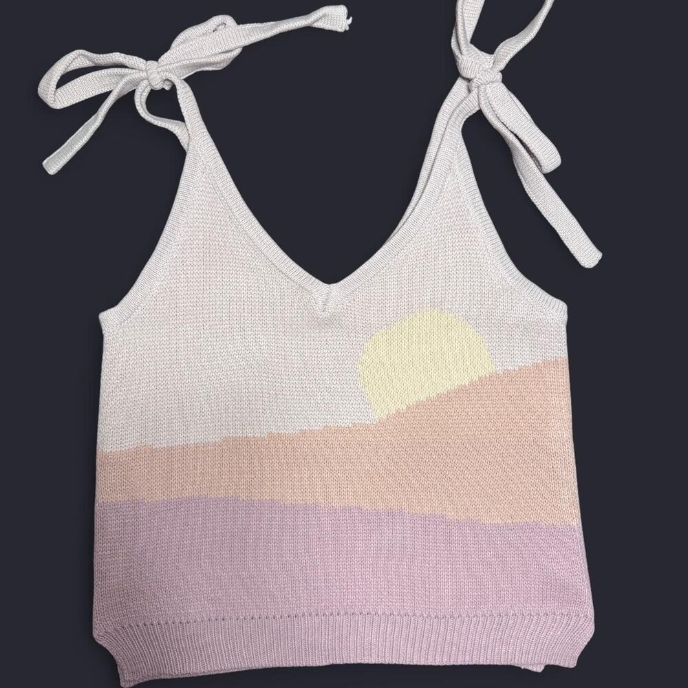 Miss Sparkling Women Knit Cami Top Pastel Sunset Landscape Tie‎ Shoulder Large